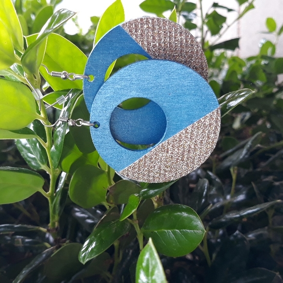 Metallic Ice Blue/ Round Hoop/ Wood Statement Earrings w/ Shimmer Detail - Picture 1 of 4